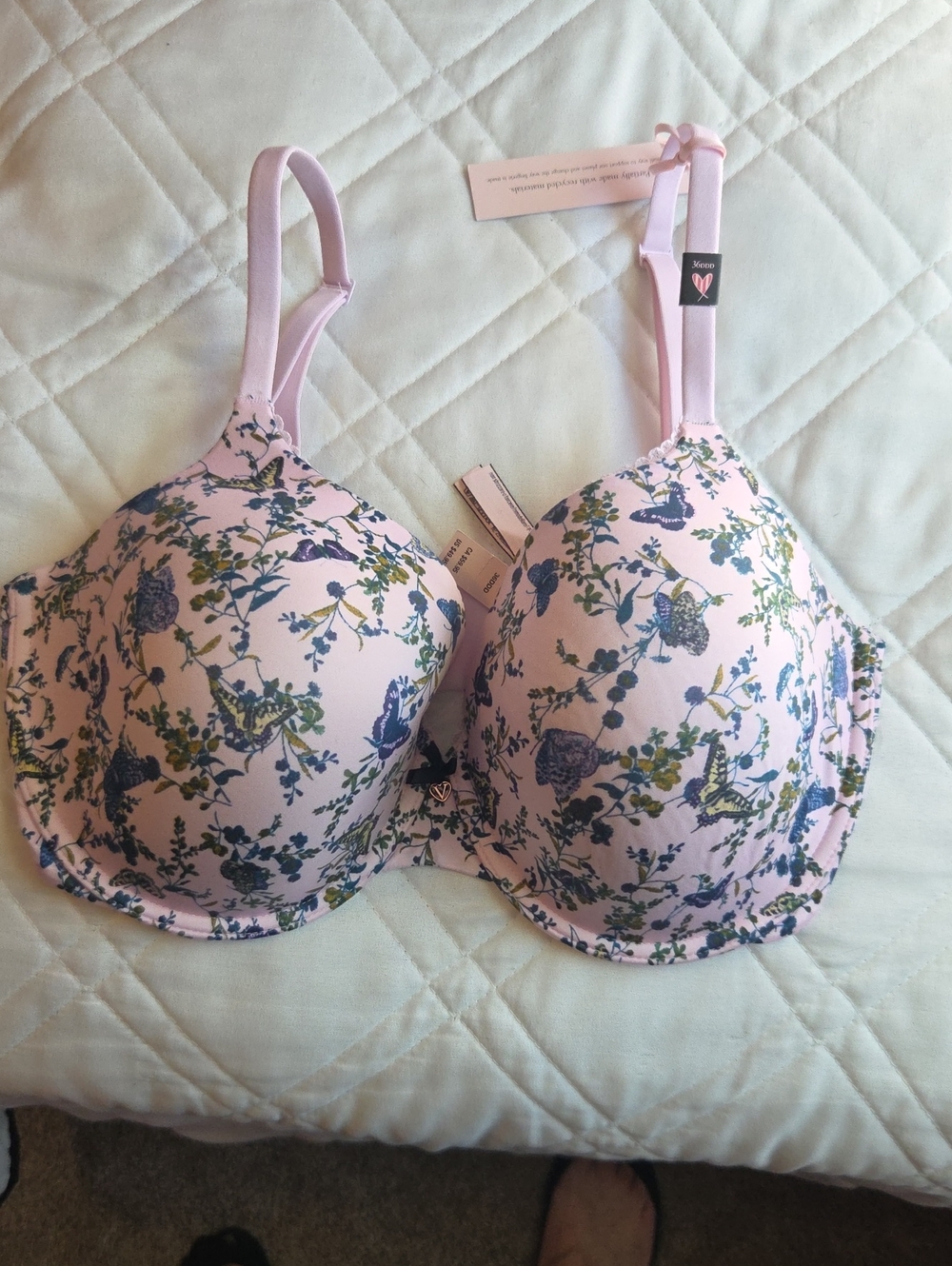 Victoria's Secret Pink Floral Molded T-Shirt Bra with Blue & Green Print